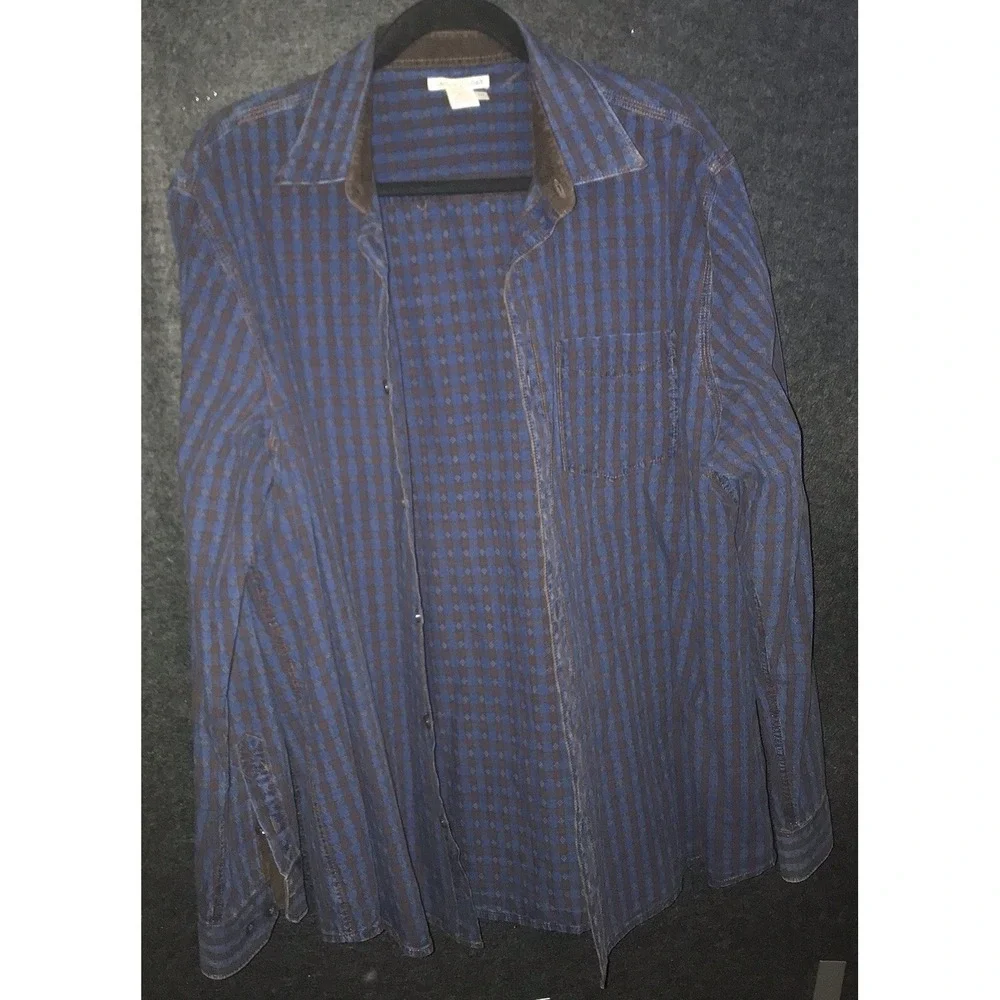 Carbon2Cobalt Shirt XL Mens Blue Brown Plaid Check Button Up Cotton Long Sleeve - Picture 3 of 11